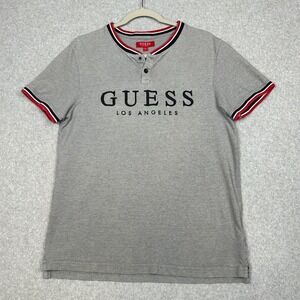 Guess Ringer Henley T-Shirt Mens L Grey Knit  Spellout‎ Embroidered Short Sleeve